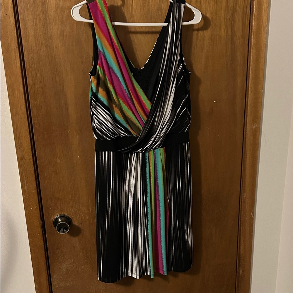 Boston Proper One-Shoulder Black Dress with Multicolor Stripe Detail
